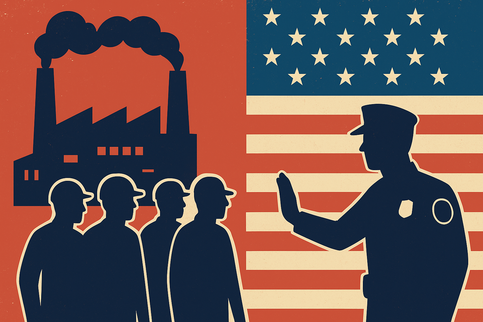 Illustration of factory workers facing a border officer against the backdrop of the American flag, symbolizing immigration enforcement in U.S. manufacturing.