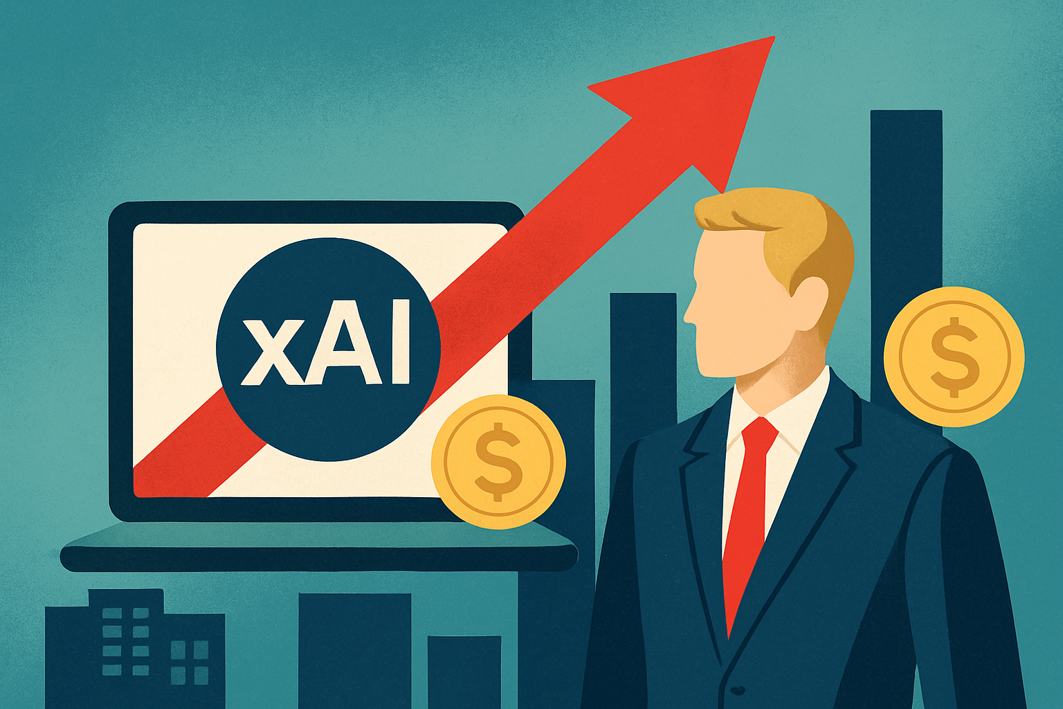 Illustration of a faceless businessman in a suit with coins, a laptop showing "xAI," and an upward red arrow symbolizing growth in venture capital investments.