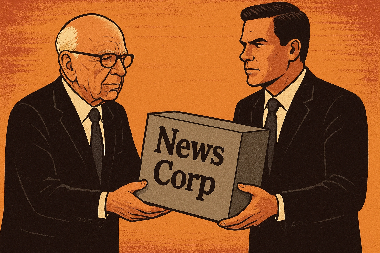 Illustration of Rupert Murdoch handing over a symbolic "News Corp" block to his son Lachlan Murdoch, representing the transfer of leadership.