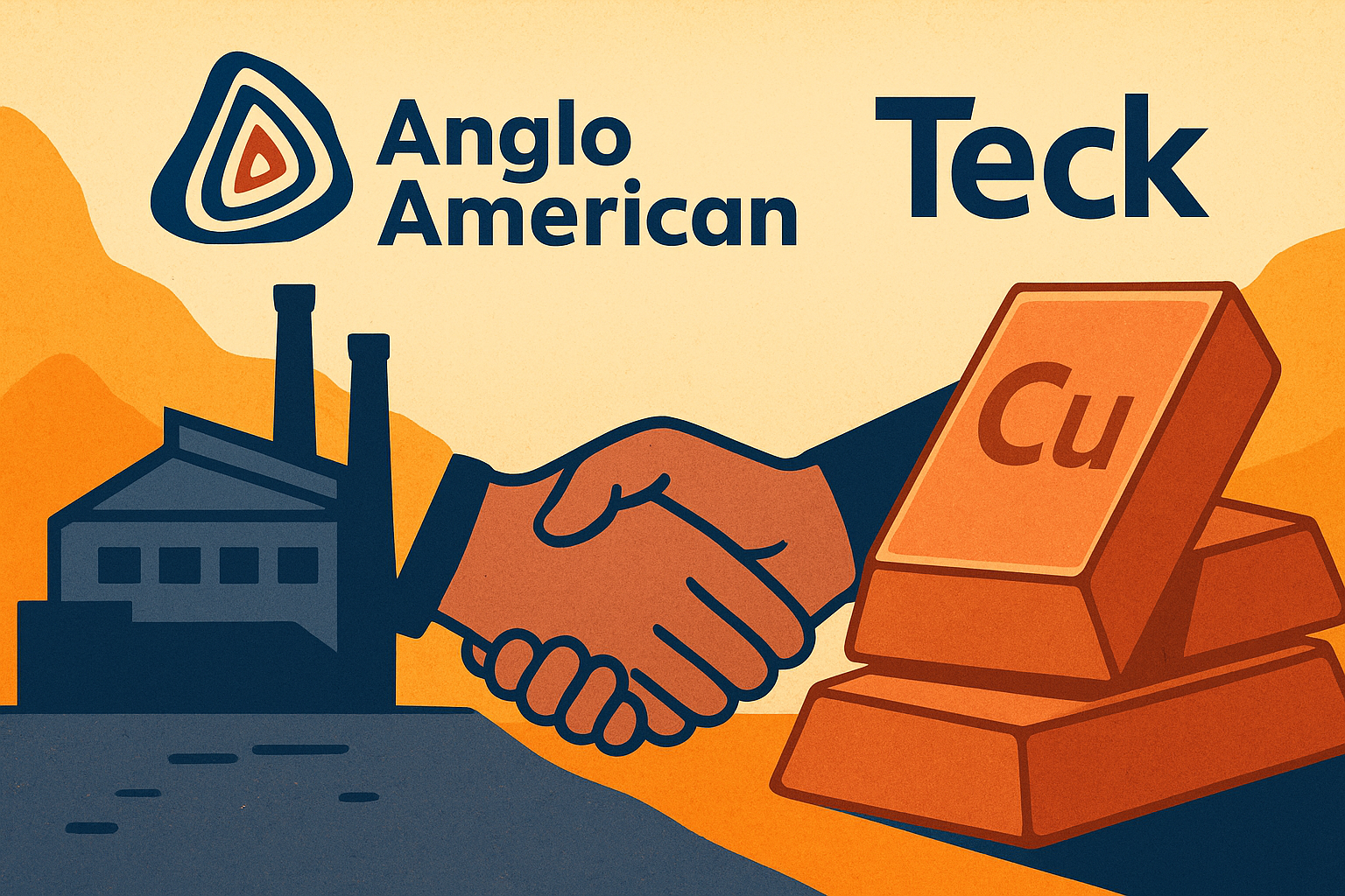 Chatgpt image sep 9, 2025, 05 Illustration of a handshake symbolizing the merger between Anglo American and Teck Resources, with a mining facility in the background and copper ingots in the foreground.23 19 pm