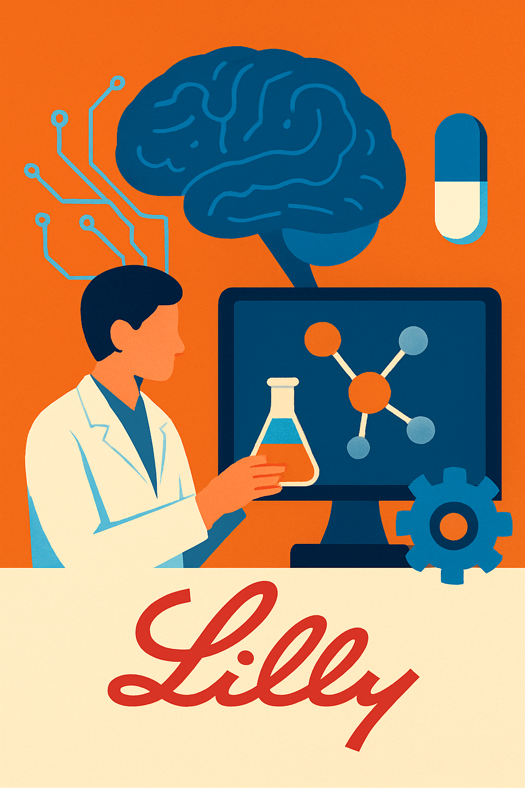 Illustrated scientist holding a flask while interacting with a digital molecular model, with a stylized brain and circuit lines symbolizing AI-driven drug discovery.