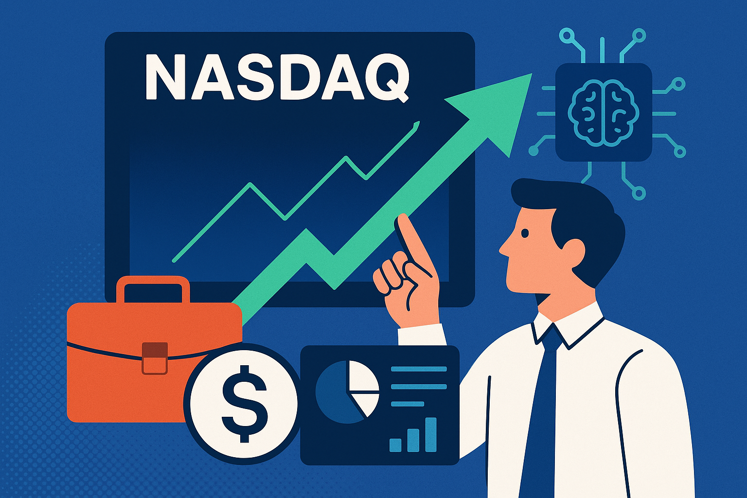 Illustration of a businessman pointing at an upward-trending green arrow on a stock chart, with icons of a briefcase, dollar sign, pie chart, and microchip symbolizing finance, technology, and growth.