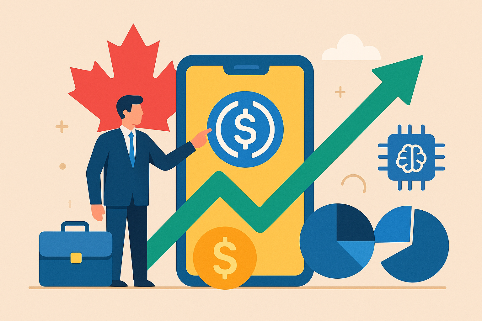 Illustration of a digital wallet and coins symbolizing stablecoins, connected to a globe and blockchain network, representing cross-border payments and fintech integration.