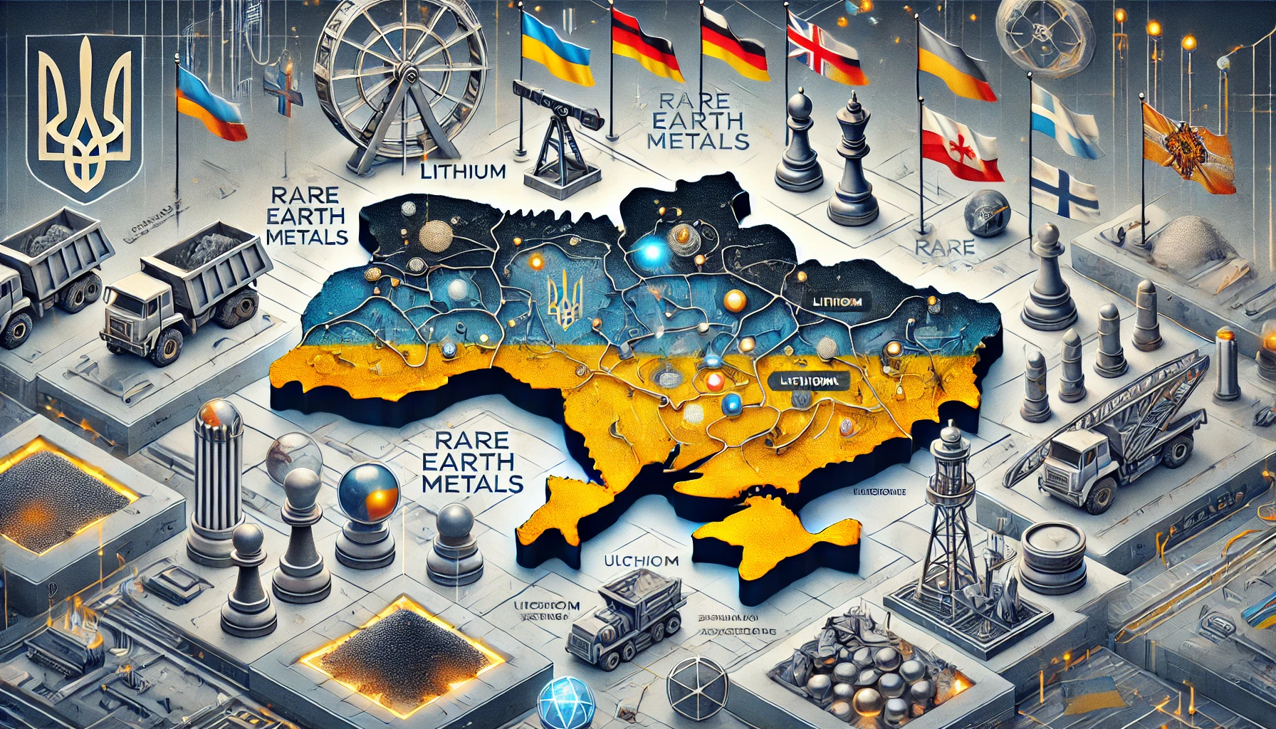 Dall·e 2024 11 26 13.52.10 An Intricate Illustration Showcasing Ukraine's Mineral Wealth And Its Geopolitical Importance. The Image Features A Stylized Map Of Ukraine With Highl