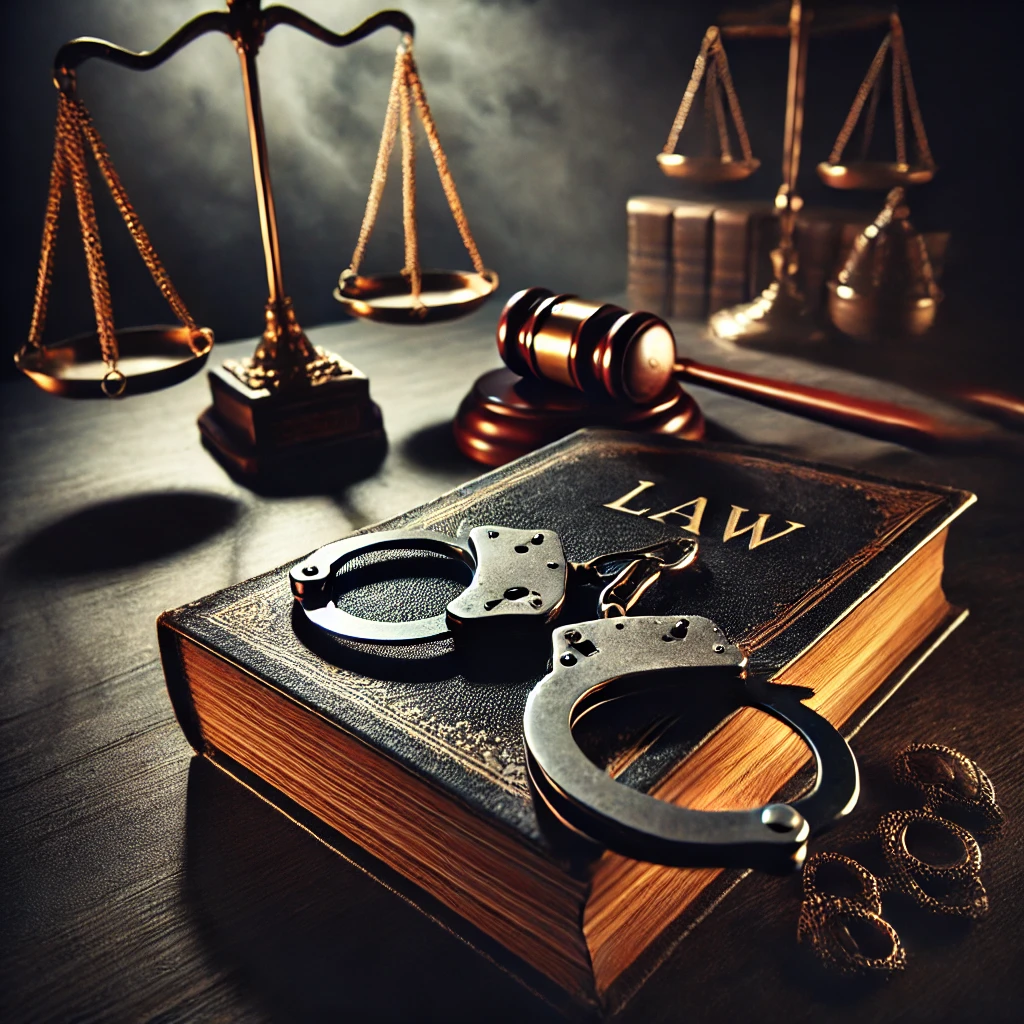 Dall·e 2024 12 02 10.05.05 A Dramatic Conceptual Image Symbolizing Legal Troubles. The Scene Includes A Pair Of Handcuffs Resting On A Law Book, With A Gavel Lying Nearby On A C