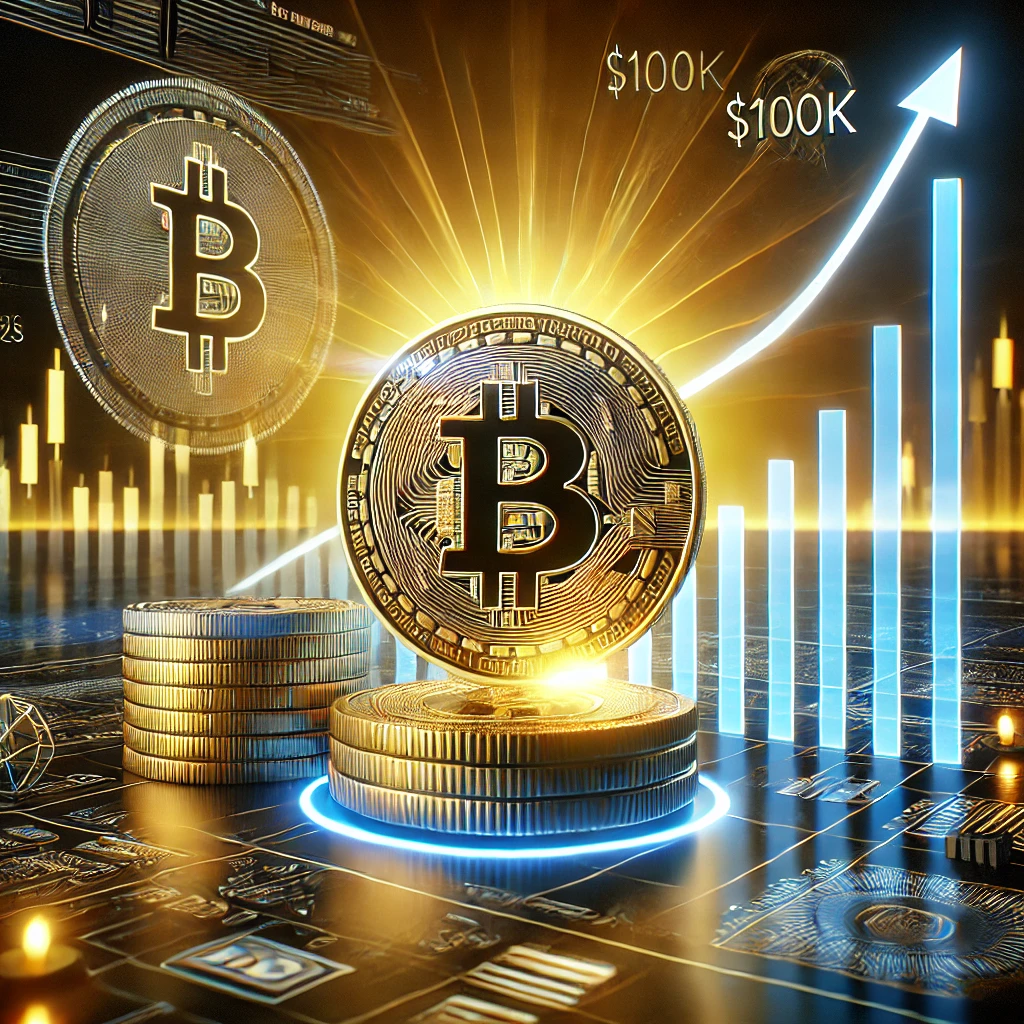 Dall·e 2024 12 02 11.48.55 A Conceptual Image Representing Bitcoin's Potential To Reach $100k By 2025. The Scene Includes A Glowing Bitcoin Coin Prominently Displayed, Surrounde