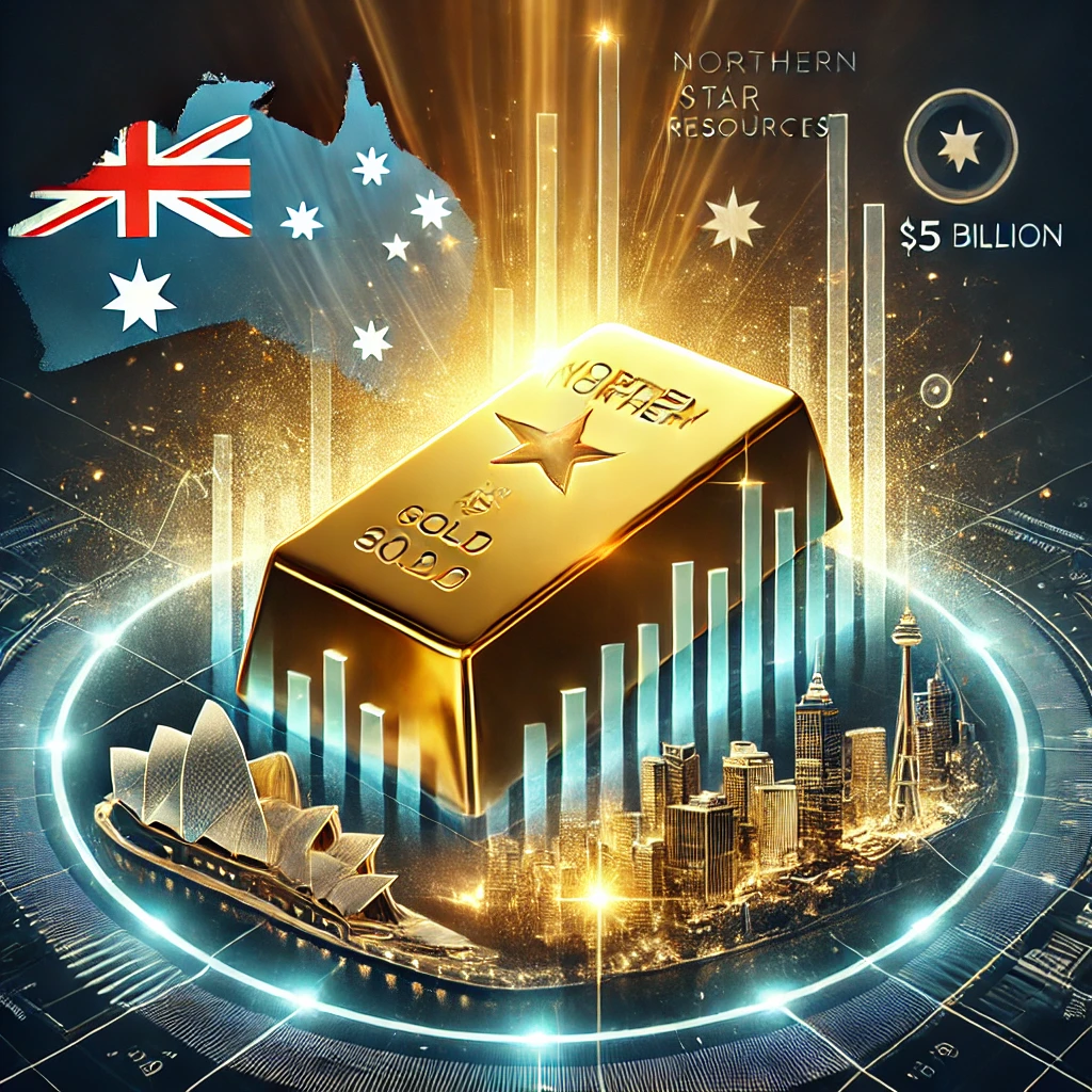 Dall·e 2024 12 02 16.43.32 A Visually Striking Feature Image Representing Northern Star Resources' $5 Billion Gold Acquisition. The Design Includes A Large Glowing Gold Bar Prom