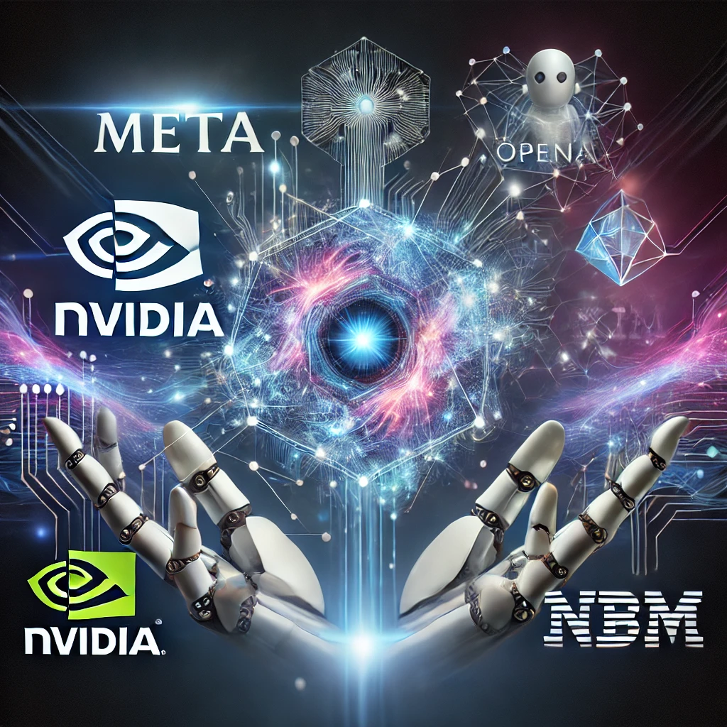 Dall·e 2024 12 02 17.15.36 A Futuristic And Visually Captivating Image Representing The Technological Advancements Driven By Meta, Openai, Nvidia, Ibm, And Uipath. The Compositi