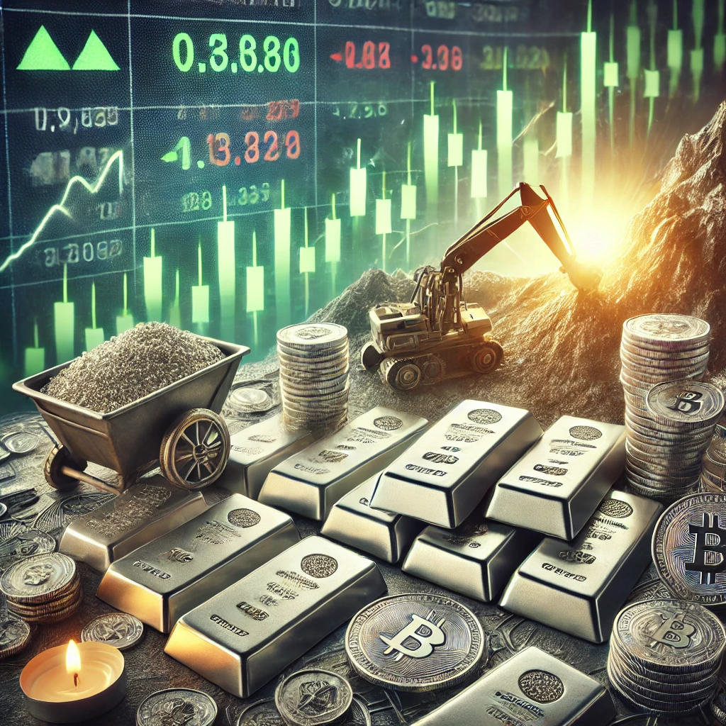 Silver bars and coins with a rising price chart, symbolizing the ongoing silver rally and investment opportunities.