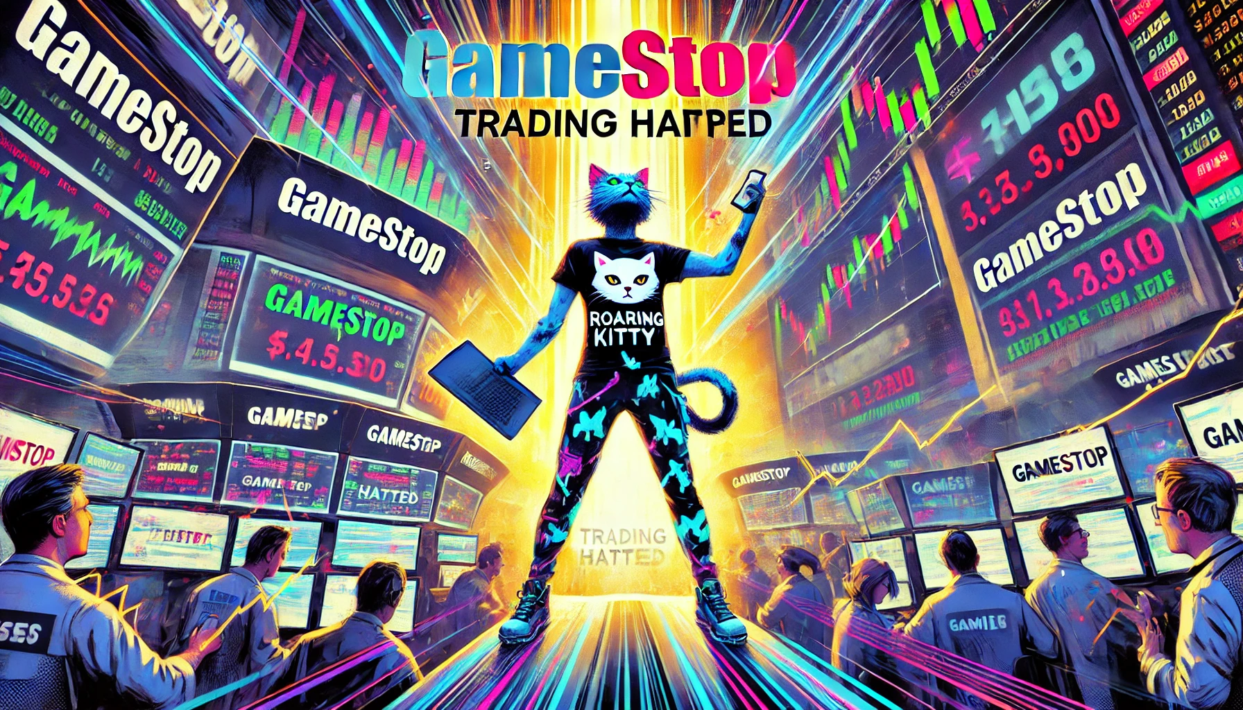 GameStop stock chart halted with Roaring Kitty's return, highlighting market volatility and renewed investor interest.