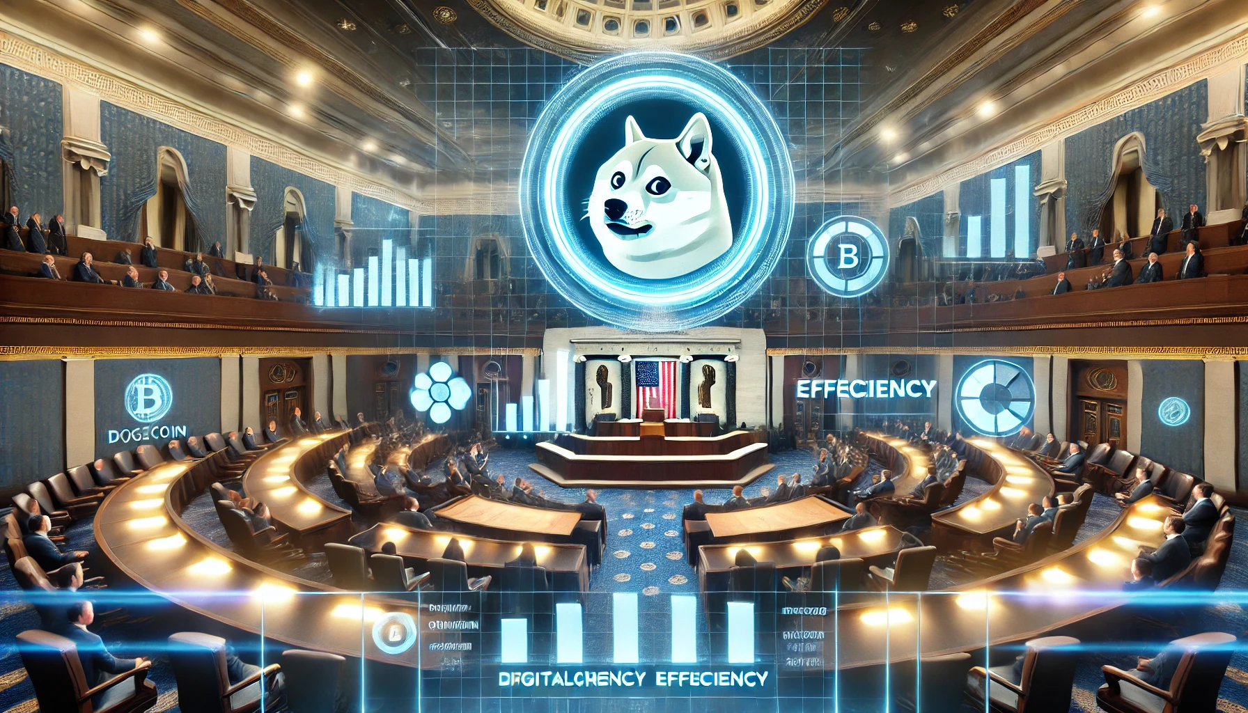 Elon Musk and Vivek Ramaswamy presenting the Dogecoin efficiency plan to Congress, emphasizing cryptocurrency innovation.