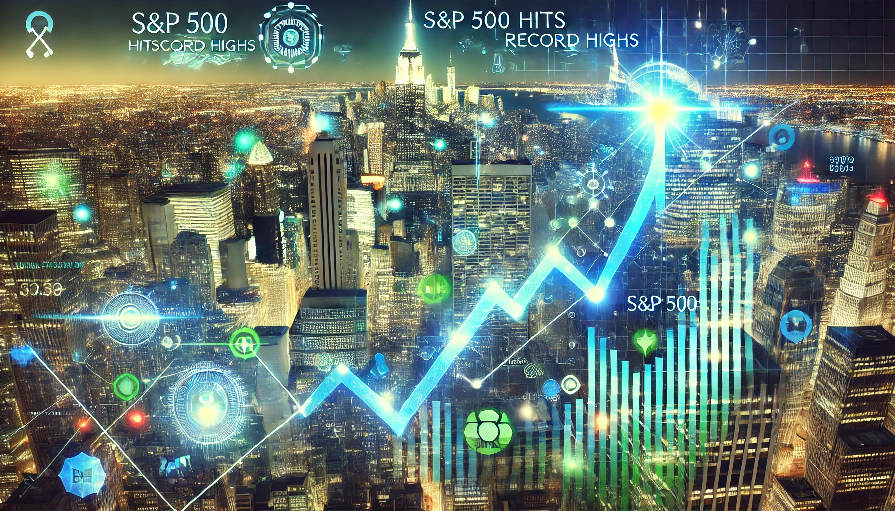 Stock market graph showing the S&P 500 hitting record highs with a tech-inspired theme, overlaying the New York City skyline, symbolizing growth and innovation in the financial market.