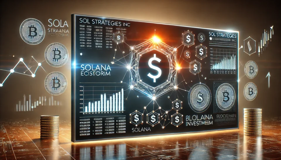 Futuristic digital network with a glowing Solana logo, stock market graphs, and financial symbols representing Sol Strategies' blockchain investments.