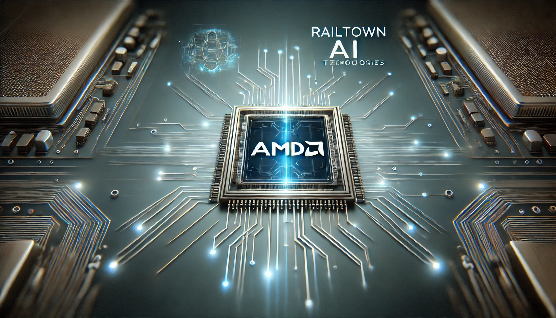 Dall·e 2024 12 09 09.55.54 A Sleek And Professional Rectangular Image For An Article About Railtown Ai Technologies Partnering With Amd. The Design Features A Futuristic Ai Them