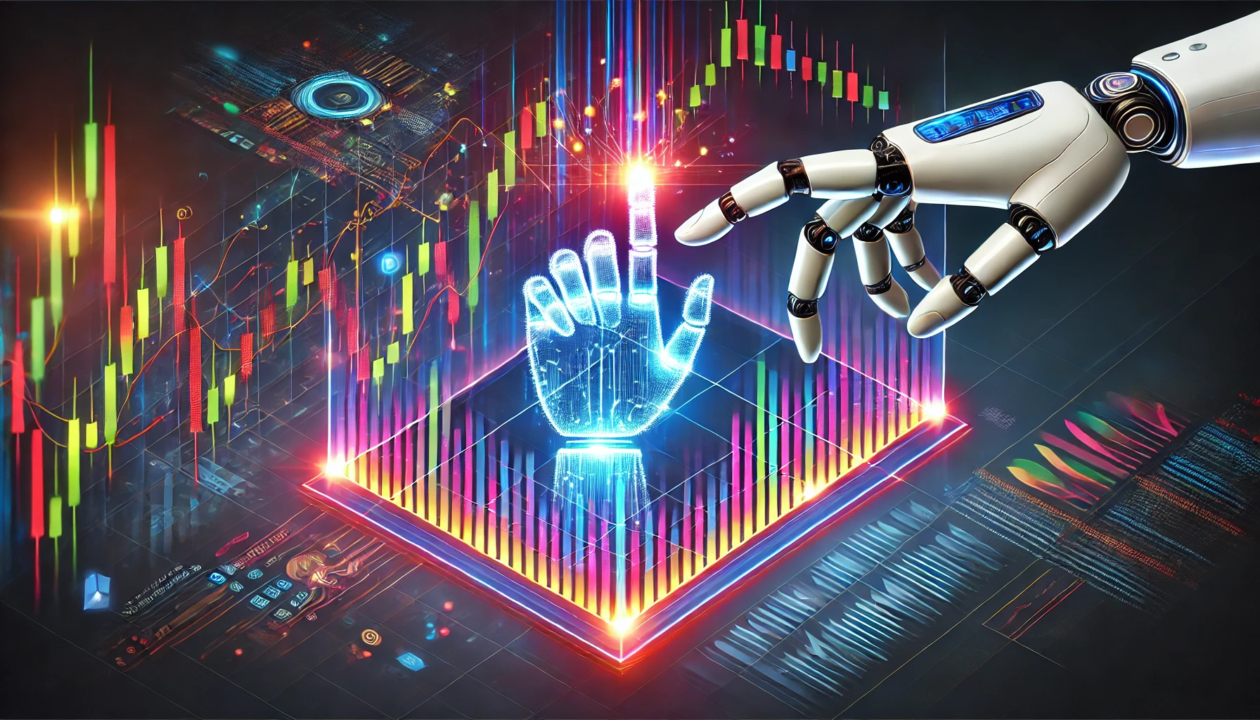 Visual representation of generative AI with a neural network, robotic hand, and financial charts symbolizing investment opportunities and technological innovation.