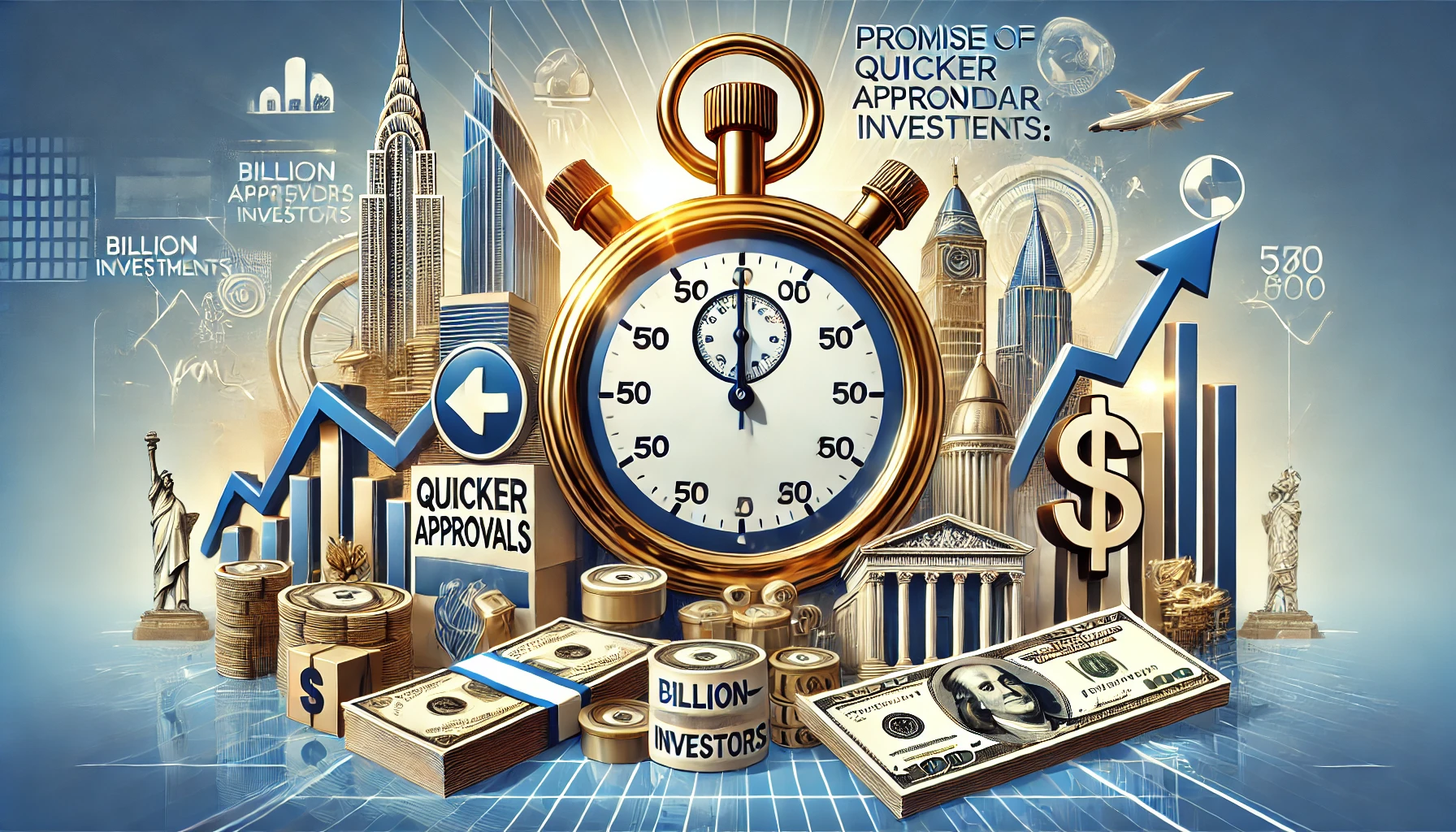 A conceptual illustration featuring a large stopwatch symbolizing expedited approvals, stacks of money and investment documents, and a city skyline in the background representing economic opportunities.