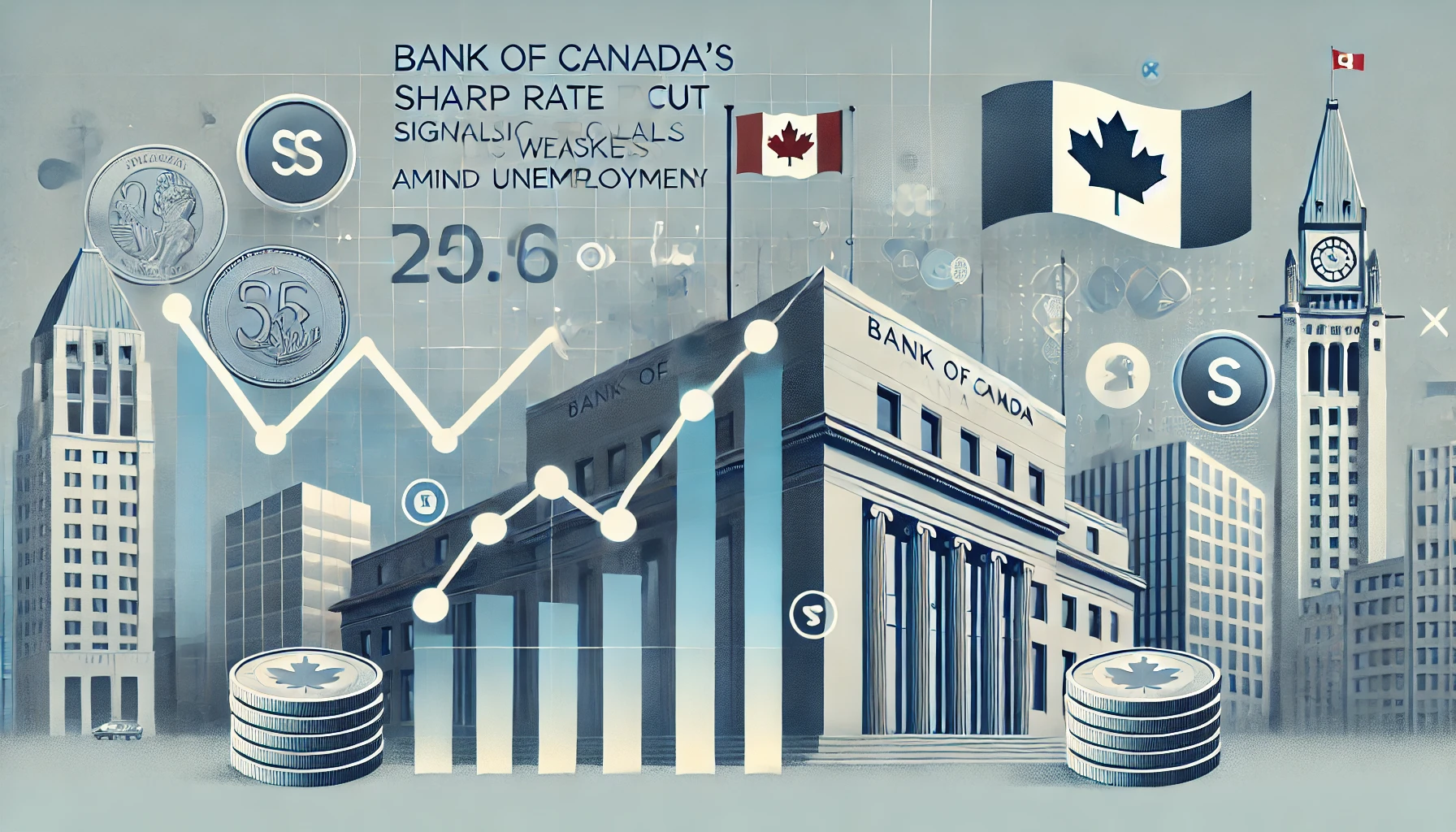 Graphical representation of a declining interest rate chart with a silhouette of the Bank of Canada building, Canadian flag, and coins in the background, symbolizing economic challenges