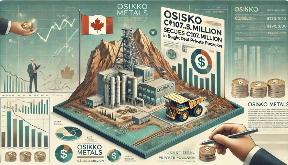 Feature image showcasing a copper mine in a rugged landscape, a growth chart symbolizing investment success, and Canadian dollar symbols, representing Osisko Metals' C$107.4 million fundraising.