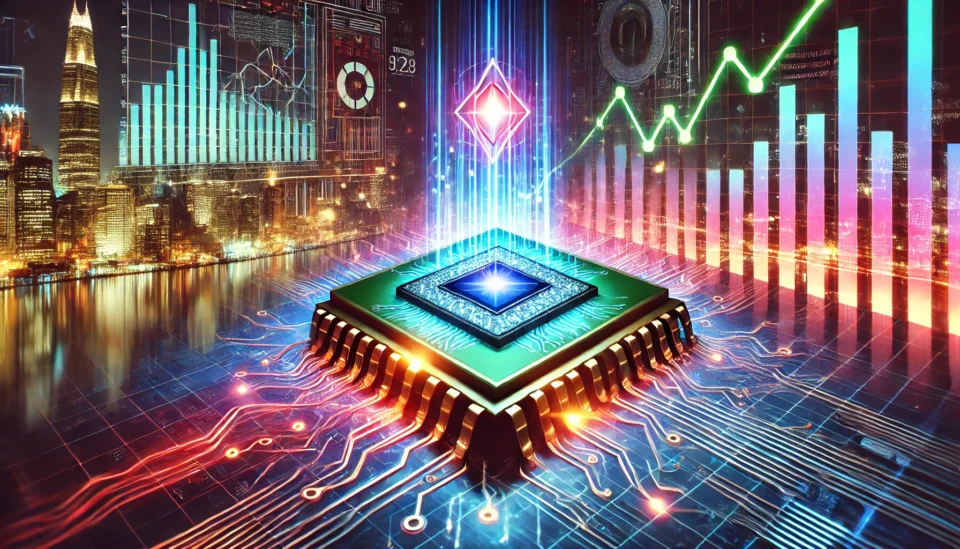 A glowing quantum computer chip surrounded by stock market graphs, with a futuristic city skyline in the background symbolizing innovation and financial growth.