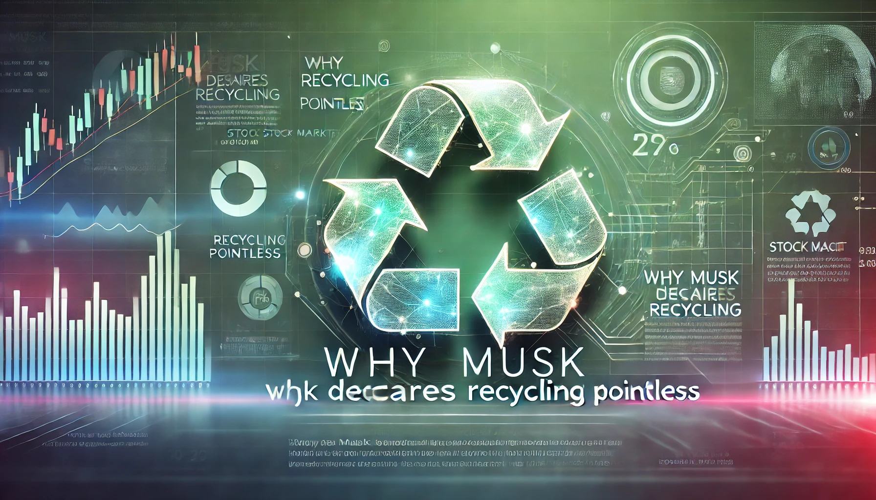 A sleek feature article image showing a recycling symbol intertwined with futuristic tech icons, set against a green and blue abstract background with stock market graph overlays.