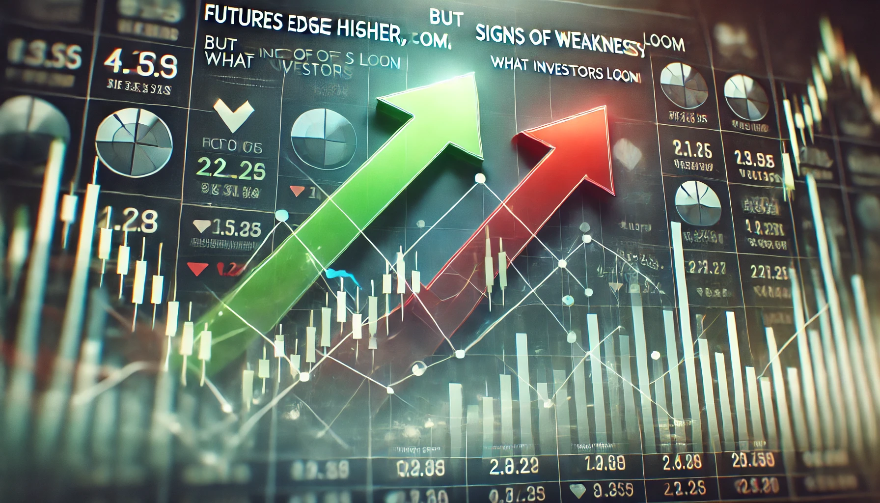 A stock market trading screen with green upward arrows and a red downward arrow, symbolizing mixed market sentiment, with financial graphs in the background.