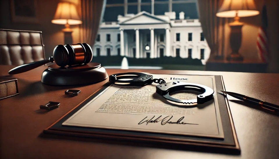 A symbolic image featuring broken prison handcuffs and a signed presidential clemency document on a formal desk, with the White House faintly visible in the background.