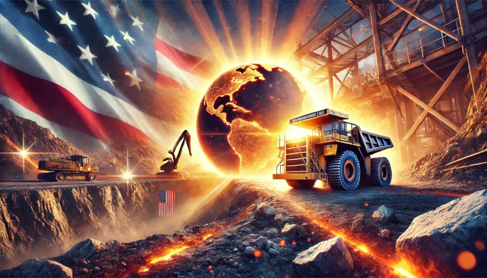 Feature image of a mining site at sunrise with equipment, mineral-rich terrain, and a U.S. flag in the background, symbolizing the resurgence of 'America First' policies and global geopolitical shifts.