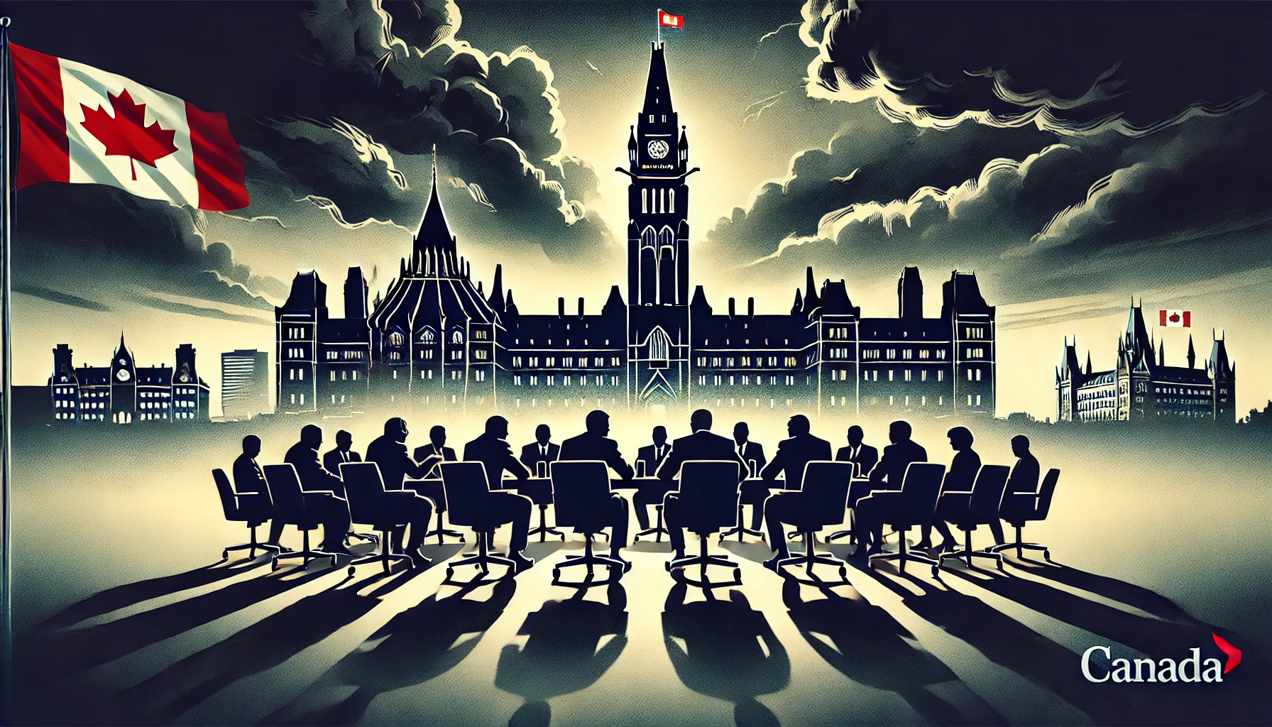 Parliament Hill under dark, stormy skies with silhouettes of politicians in tense discussion and an empty chair symbolizing leadership challenges and political uncertainty in Canada.