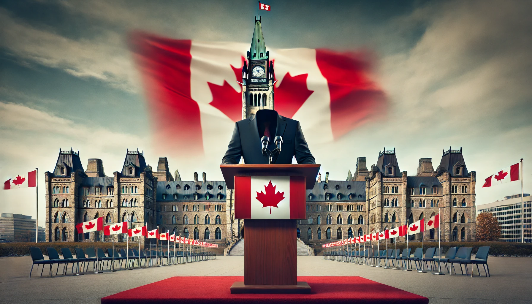 An empty podium with a Canadian flag in the background, symbolizing political transition in Canada.