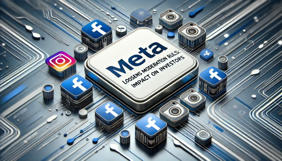 A professional and modern feature image highlighting Meta’s content moderation policy changes, including icons of Facebook, Instagram, and WhatsApp against a futuristic digital background.