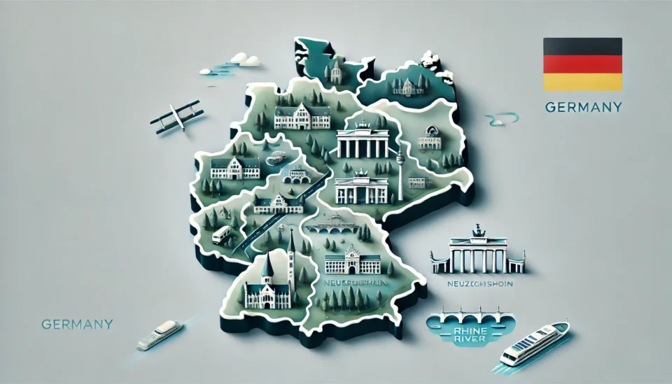 Illustration of Germany featuring a detailed map with landmarks like the Brandenburg Gate, Neuschwanstein Castle, and the Rhine River in a sleek and professional design.