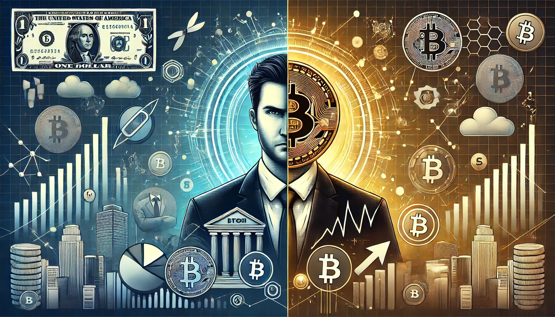 An artistic depiction of the divide between traditional finance and cryptocurrency, featuring a businessman symbolizing skepticism on one side and a glowing Bitcoin with digital networks on the other.