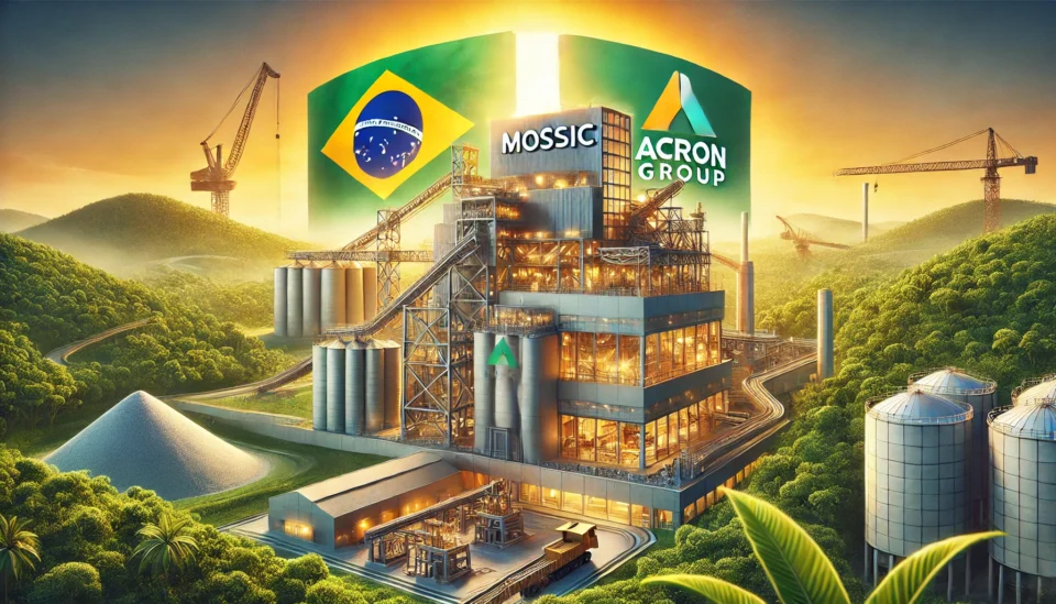 An illustration of a Brazilian phosphate mine in a lush green landscape with industrial equipment, representing Mosaic’s sale to Acron Group.