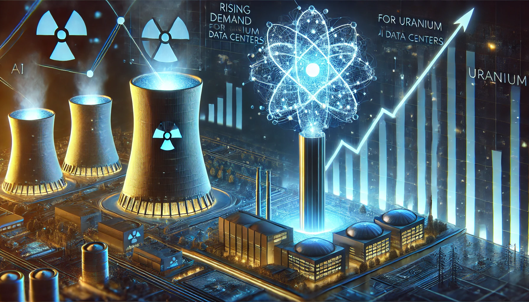 An illustration of a glowing uranium fuel rod with futuristic AI data centers in the background, representing the link between nuclear energy and AI-driven energy consumption.