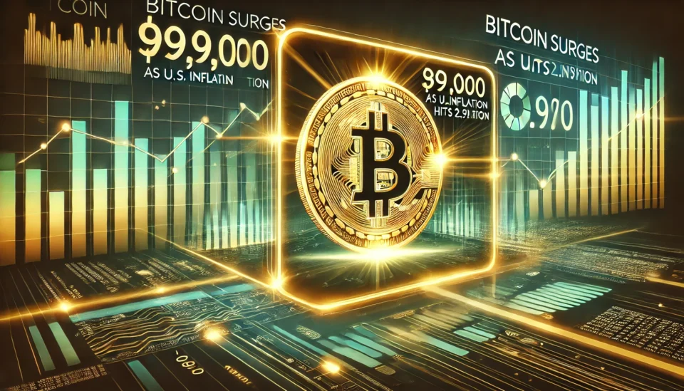 Digital Bitcoin glowing against a financial market backdrop with charts showing an upward trend.