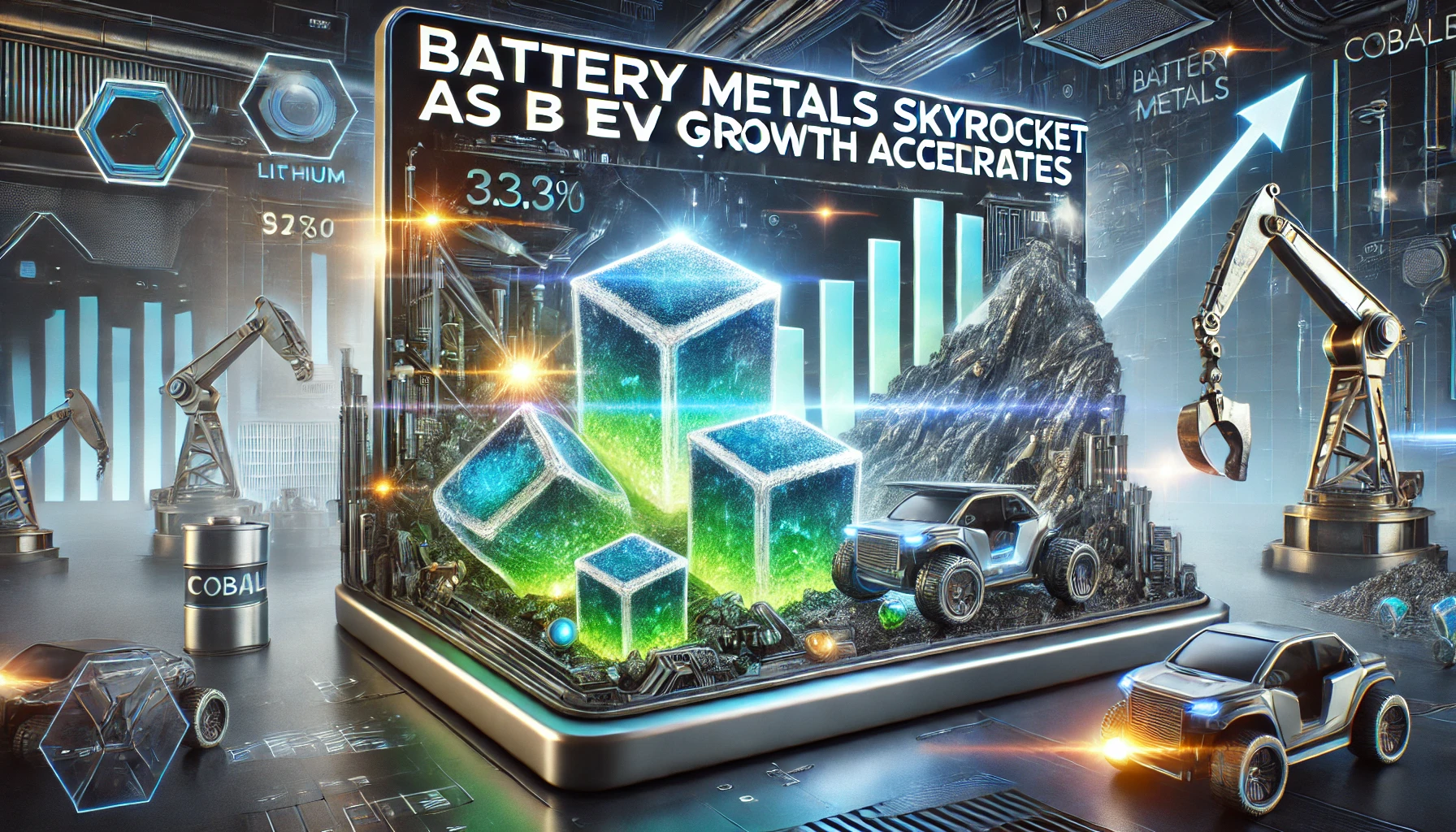 Glowing lithium and cobalt crystals in a futuristic mining scene with robotic machinery, graphs, and a bold, oversized headline.