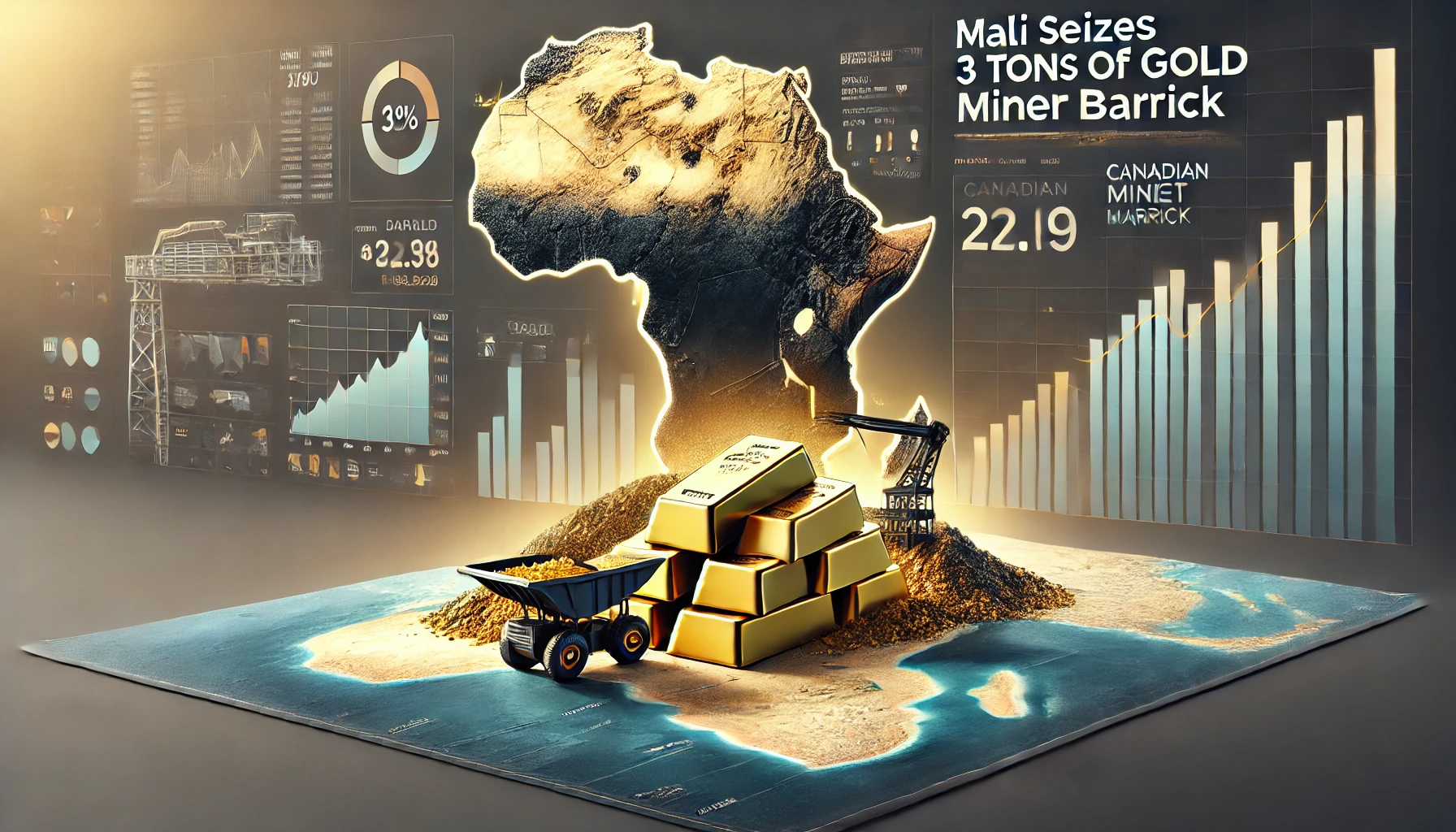 A professional financial article image featuring a gold mine, stacked gold bars, a map of Africa with Mali highlighted, and stock market charts in the background.