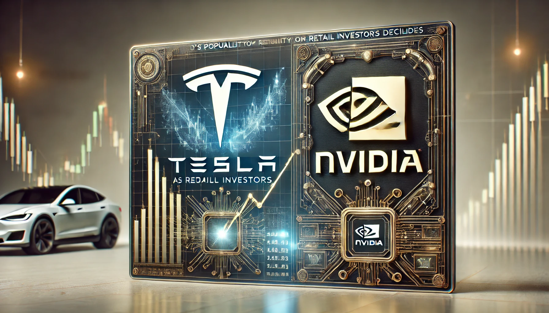 A professional financial article image featuring Tesla and Nvidia logos, stock market charts with upward and downward trends, and a futuristic AI-inspired design.