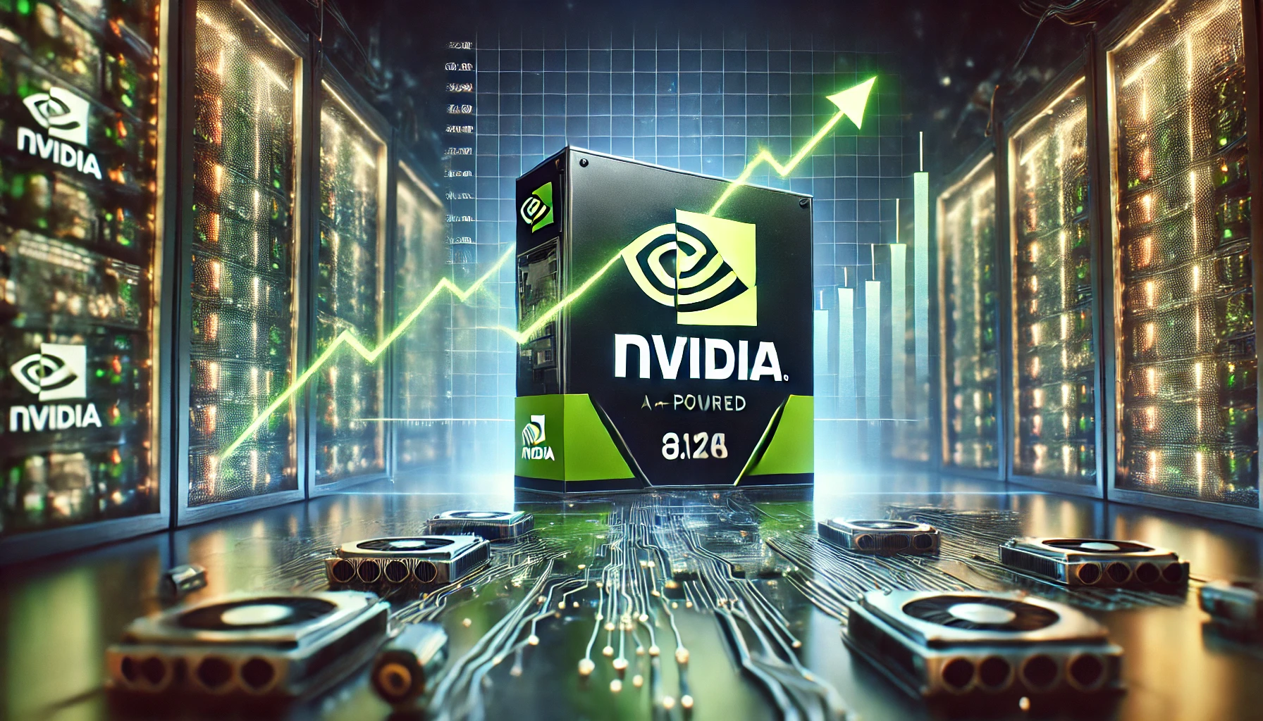 A futuristic financial scene showcasing Nvidia's AI-powered stock market growth, with an upward-trending stock chart and a high-tech AI data center.