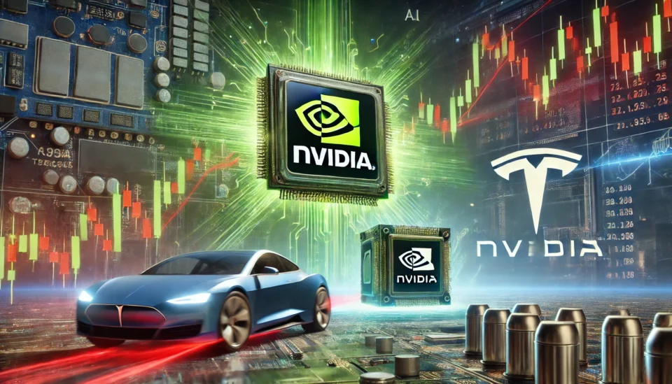 A financial stock market scene depicting Nvidia's stock rising in green and Tesla's stock declining in red, symbolizing a major shift in investor sentiment.