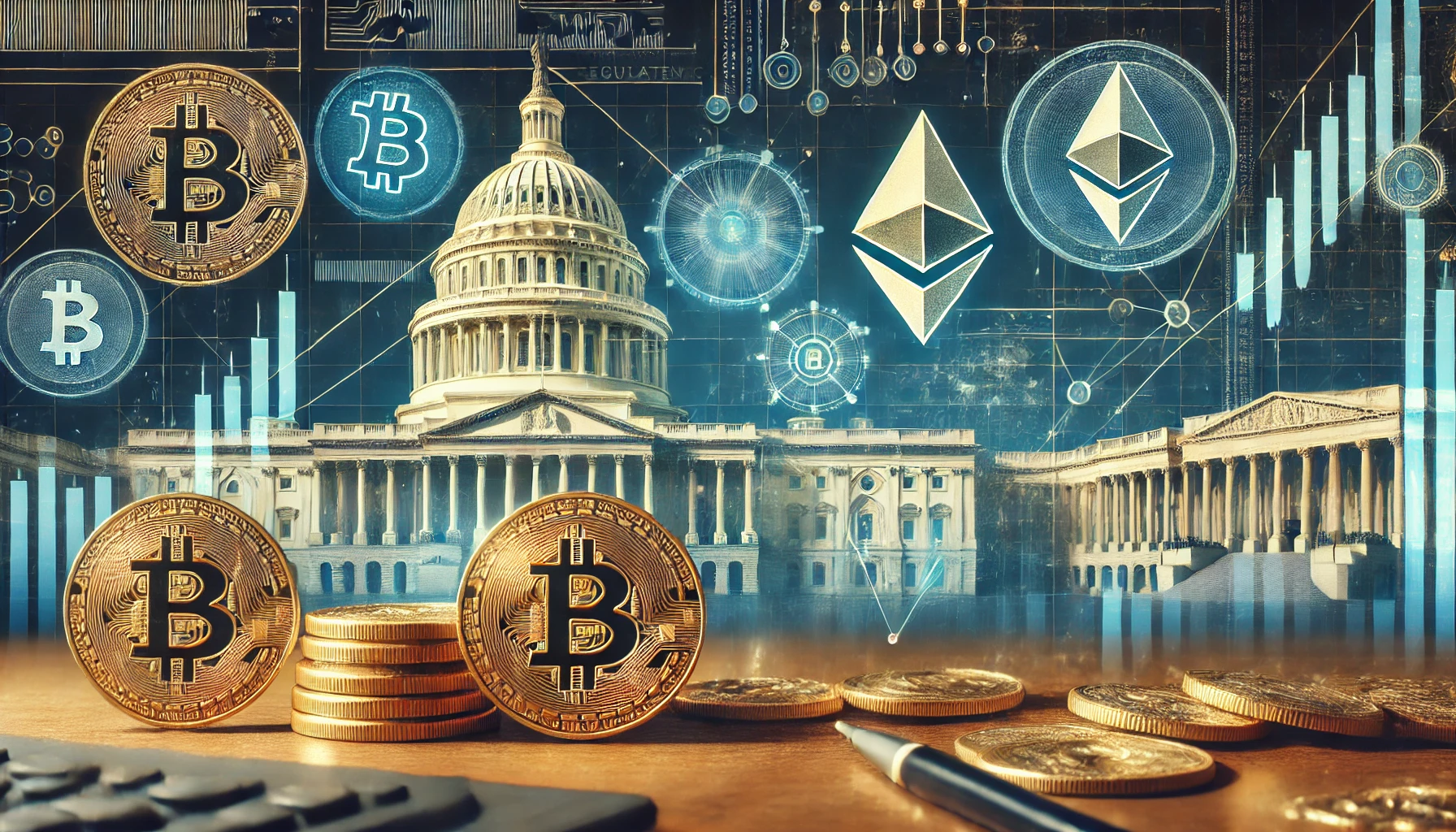 A futuristic digital finance scene featuring Bitcoin and Ethereum symbols overlaid on a U.S. government backdrop with financial charts.