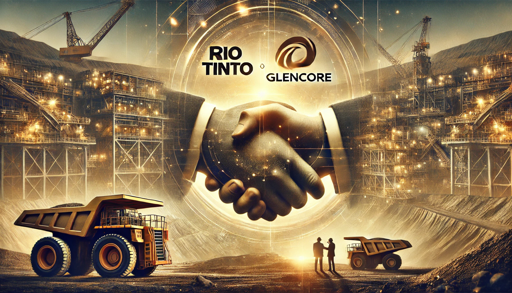 A professional image showcasing the merger of Rio Tinto and Glencore with a symbolic handshake and a background of a mining operation.