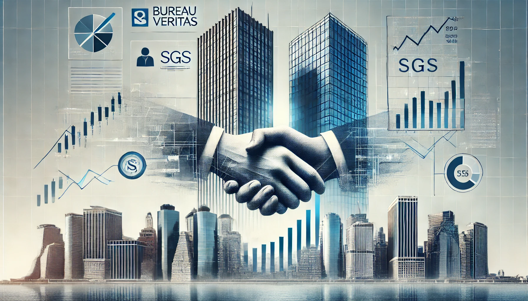 Two corporate skyscrapers representing Bureau Veritas and SGS, with a modern cityscape in the background and digital handshake and stock market graphics in the foreground.