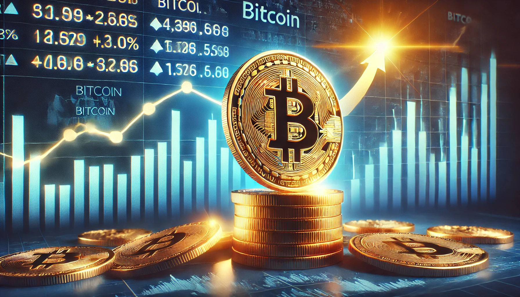 A glowing golden Bitcoin coin in the foreground with a stock market chart showing a sharp upward trend in the background.