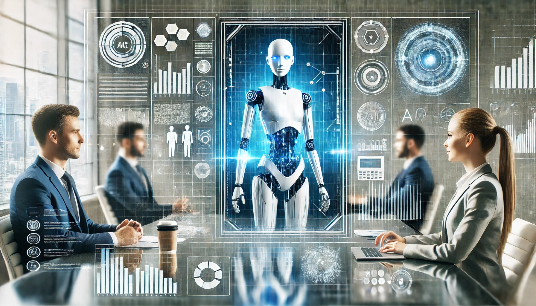 A holographic AI assistant interacting with business professionals in a high-tech office, surrounded by data visuals and digital code.