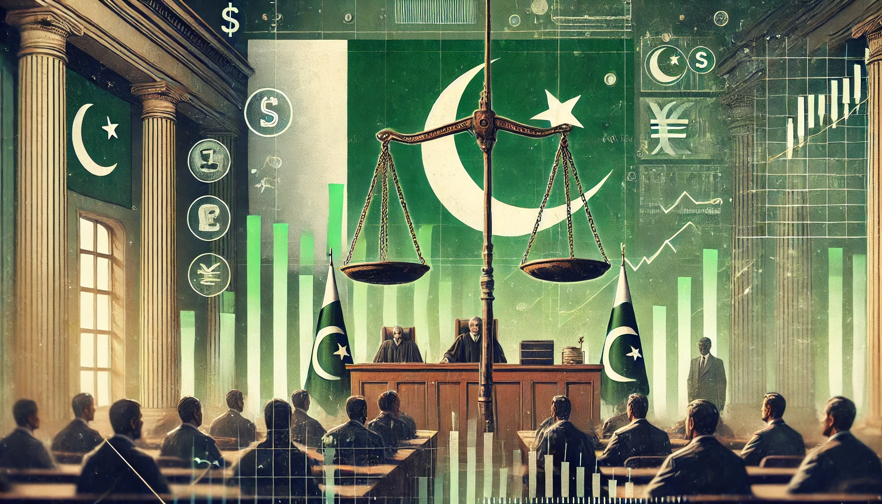 professional feature image showing scales of justice in a courtroom with financial charts, currency symbols, and the Pakistani flag in the background, symbolizing political and economic tension in Pakistan.