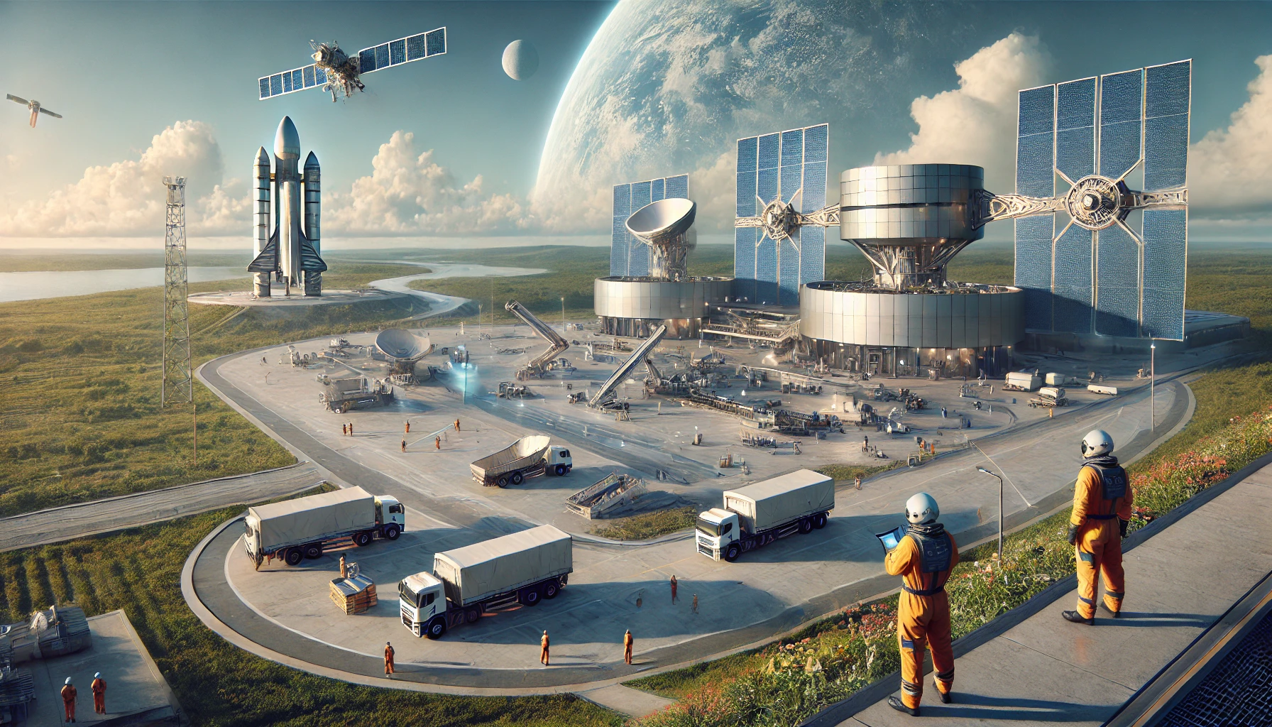 Concept art of a futuristic spaceport under construction at Cape York, Australia, featuring spacecraft, satellites, and engineers working on-site.