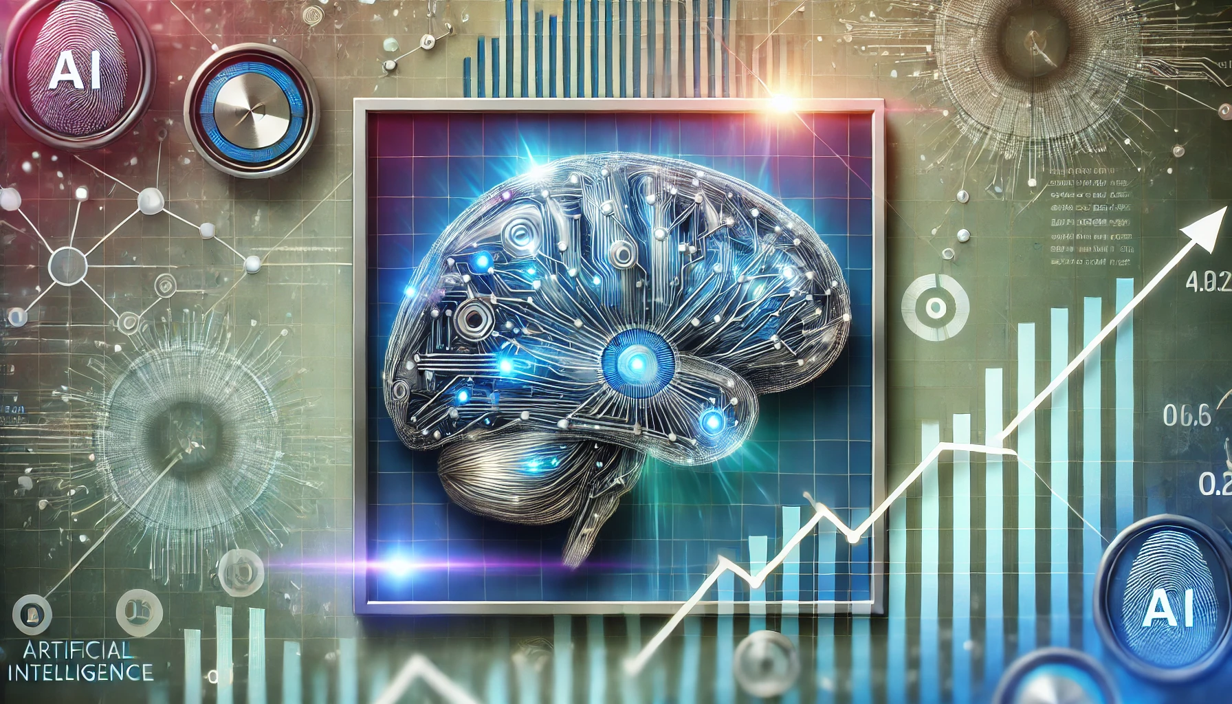 Futuristic representation of artificial intelligence with neural networks, data streams, and a stock market graph showcasing growth and innovation.