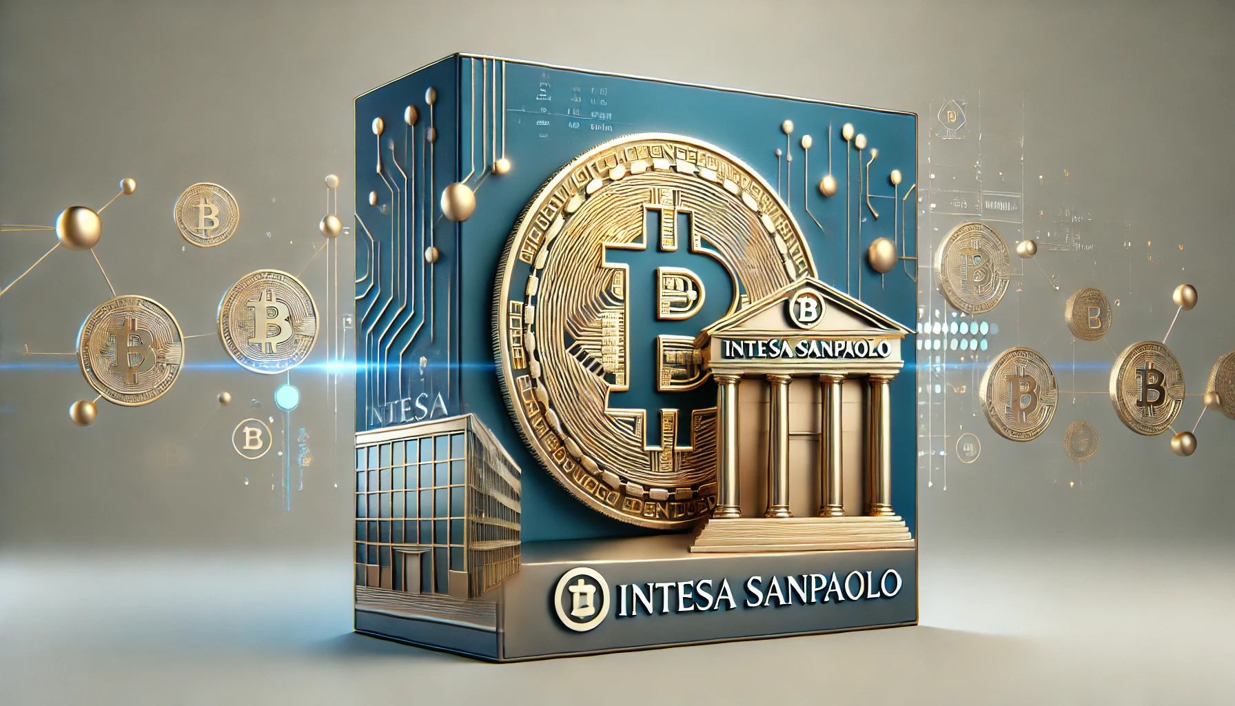 A golden Bitcoin displayed alongside a classic European bank building with blockchain visuals overlaying the image, symbolizing cryptocurrency and banking integration.