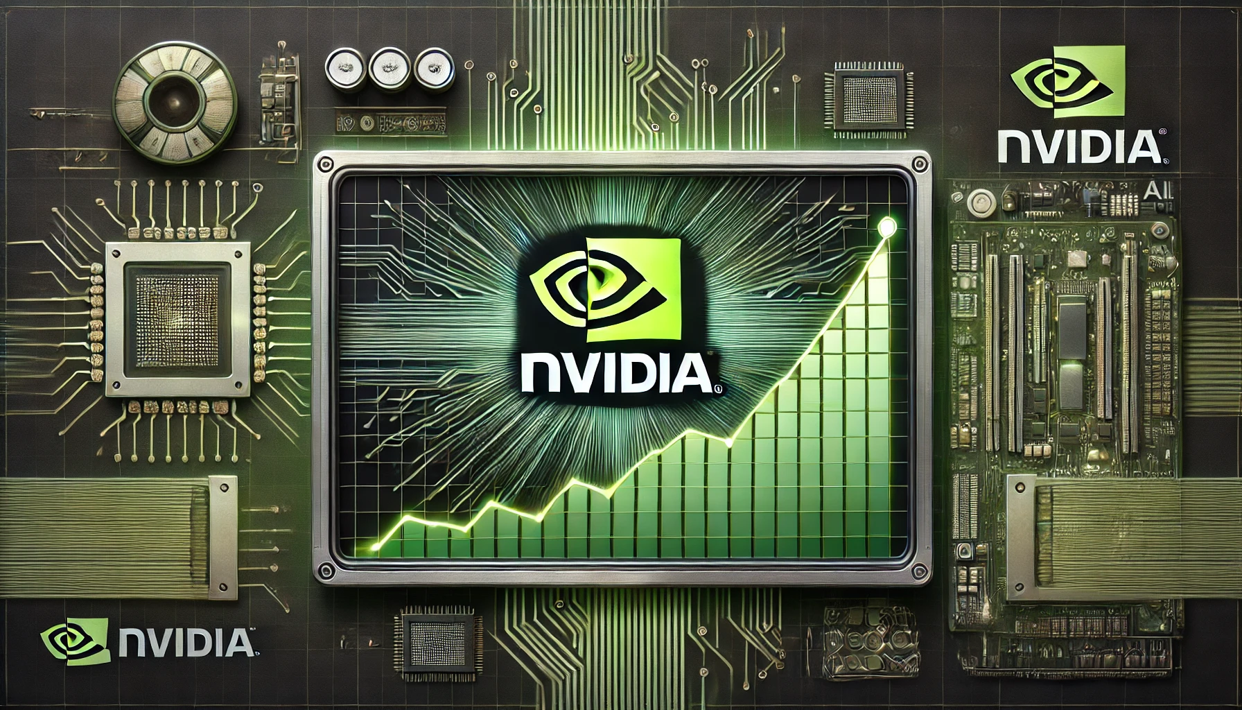 A futuristic Nvidia logo glowing against a backdrop of green data charts and AI neural network patterns, symbolizing Nvidia's dominance in AI and stock market growth.